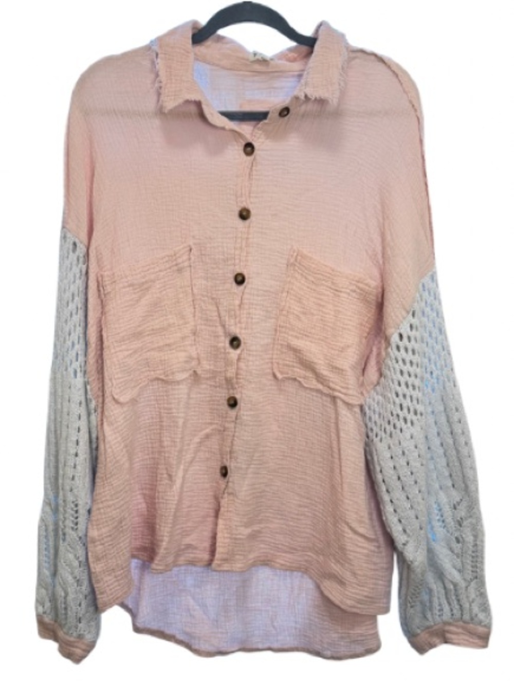 POL Pink Gauze Cotton Oversized Slouchy Boho Button Down Knit Sleeves Large Cute